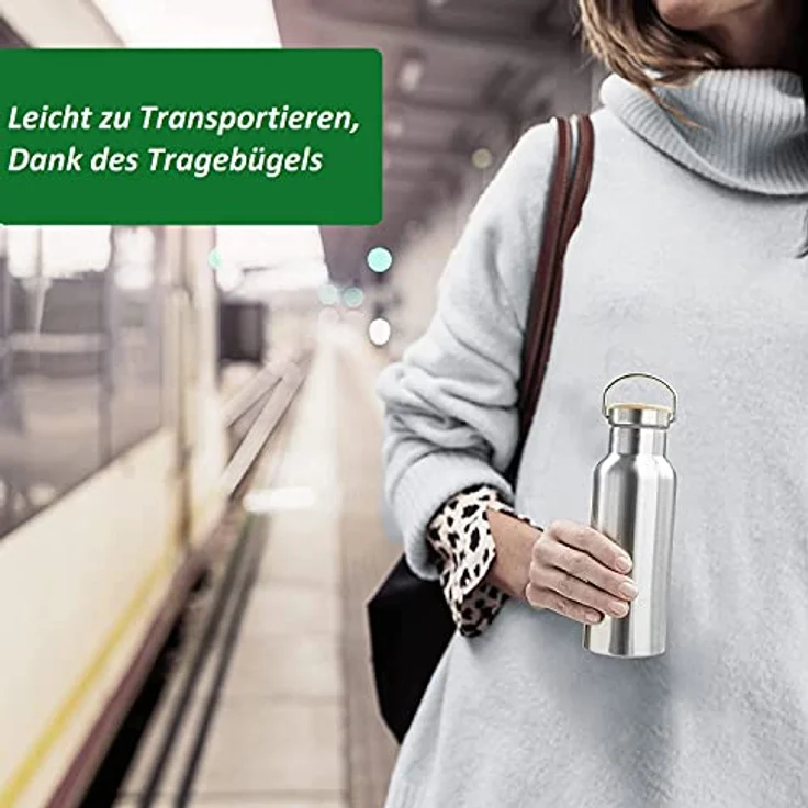 APS Hochwertige langlebige Edelstahl Isolierflasche/ Trinkflasche mit 500 ml inkl. Tragebügel und Ersatzdichtung/ auslaufsichere doppelwandige Getränkeflasche für Kinder, Freizeit & Erwachsene, Silber – Bild 4