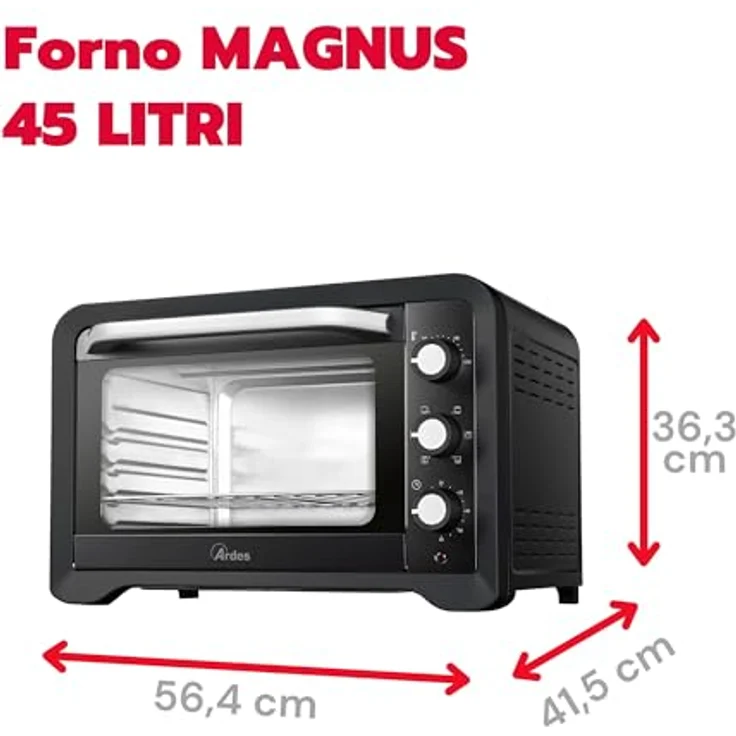 Ardes Elektrischer Umluft-Kleinbackofen 45 Liter Fassungsvermögen mit Innenbeleuchtung 6 Garfunktionen Timer Doppelverglasung MAGNUS AR6245PB, Schwarz – Bild 2