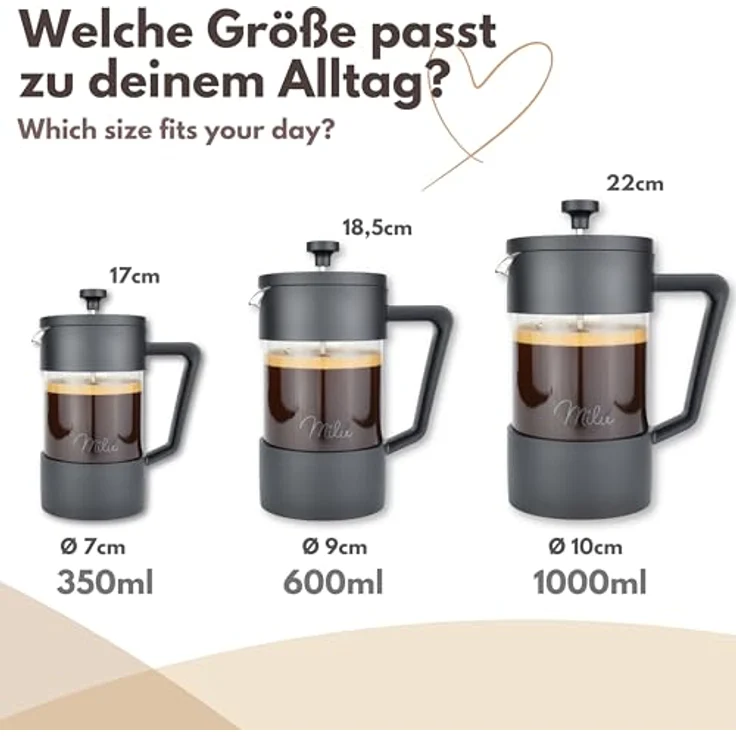 Milu French Press Kaffeebereiter | 1L | Glas Kaffeepresse, Kaffeezubereiter für Zuhause Reisen Camping inkl. Untersetzer, Löffel, Ersatzfilter (Schwarz, 1000ml (5 Tassen) – Bild 4