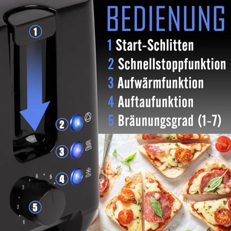 Clatronic® kompakter Toaster 2 Scheiben | Toaster mit Auftau-/Aufwärm-/Schnellstoppfunktion | Toaster mit Brötchenaufsatz | Toaster schwarz auch für Toastbrötchen & Fertigwaffeln | TA 3801 – Bild 4