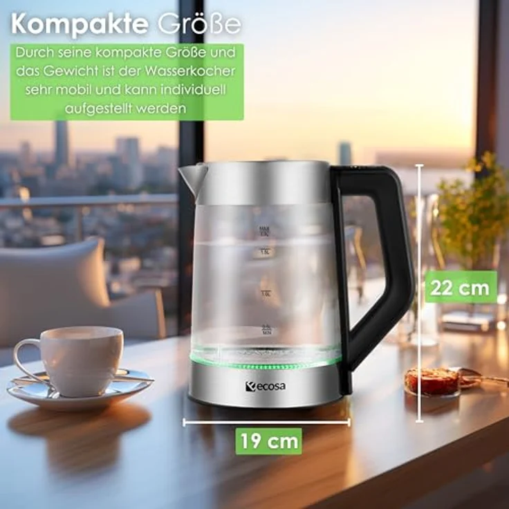 Ecosa EO-660 Glas-Wasserkocher, 2200W, 1,7L, Wasserstandsanzeige, Überhitzungsschutz – Bild 5