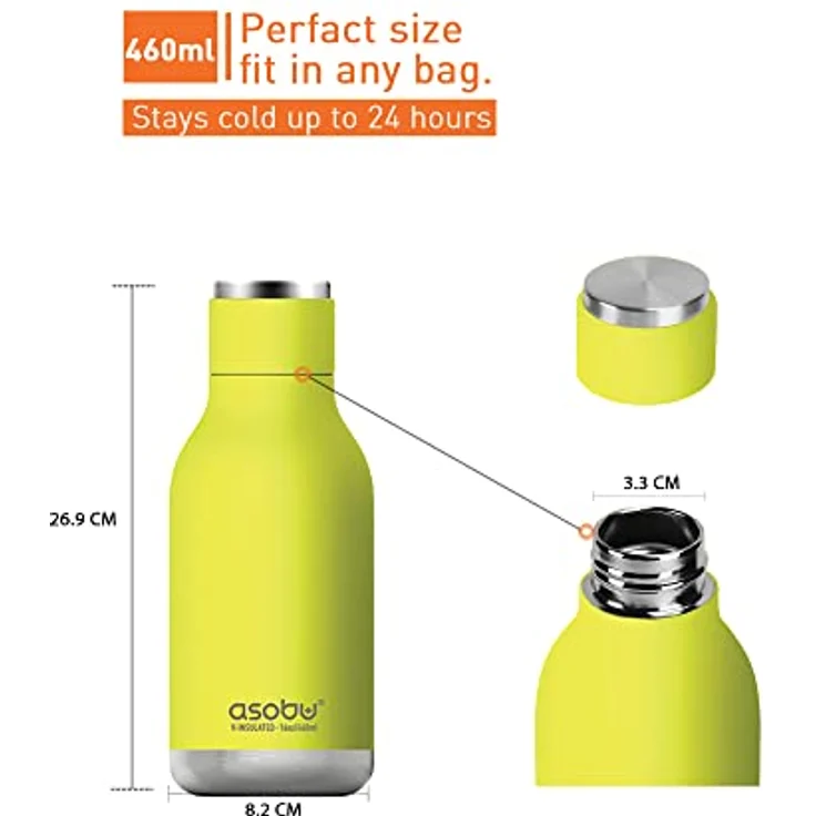 ASOBU Isolierte und doppelwandige Edelstahl-Flasche, 473 ml, von Asobu (Lime), Urban Water Bottle – Bild 4