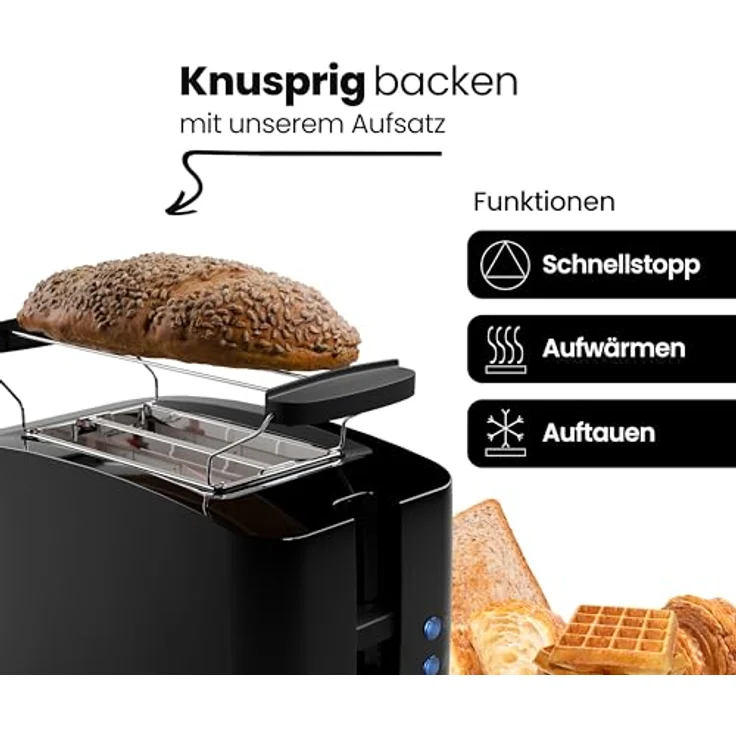 Bomann® Toaster 2 Toastschlitze | Toaster mit Brötchenaufsatz | Toaster 2 Scheiben mit Liftfunktion | Toster mit Auftau- und Aufwärm-Funktion | für Brötchen und Toast | TA 6065 CB schwarz – Bild 2
