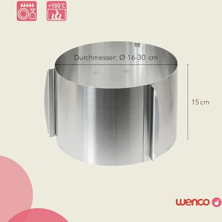 wenco verstellbarer Tortenring mit Skala, 15 cm Höhe, Edelstahl, 16-30 cm Durchmesser, hitzebeständig, für Kuchen und Torten – Bild 2