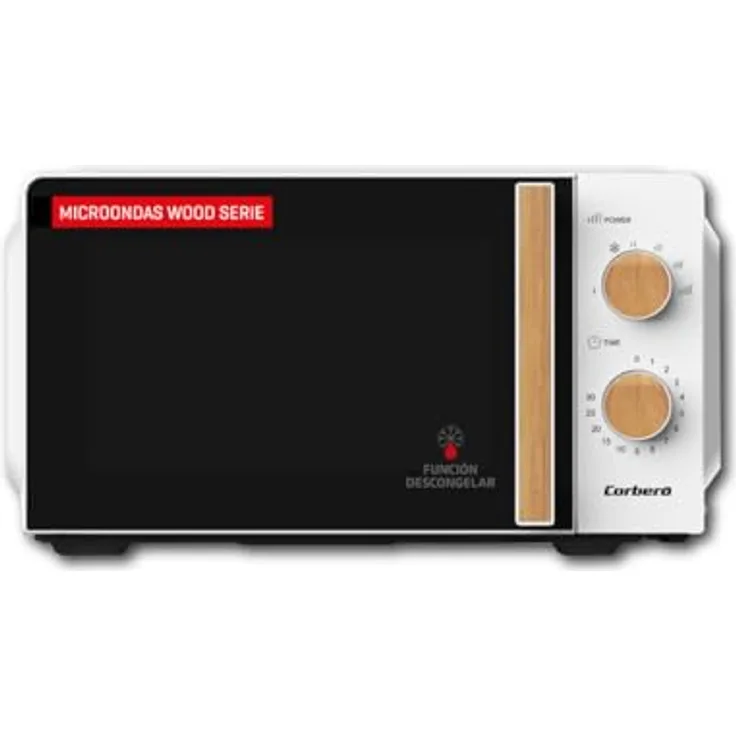 Corberó CMICG270WOODN Mikrowelle, 20 l, 700 W Leistung, mechanische Steuerung mit 5 Stufen, 30-Minuten-Timer, kompakt, Weiß