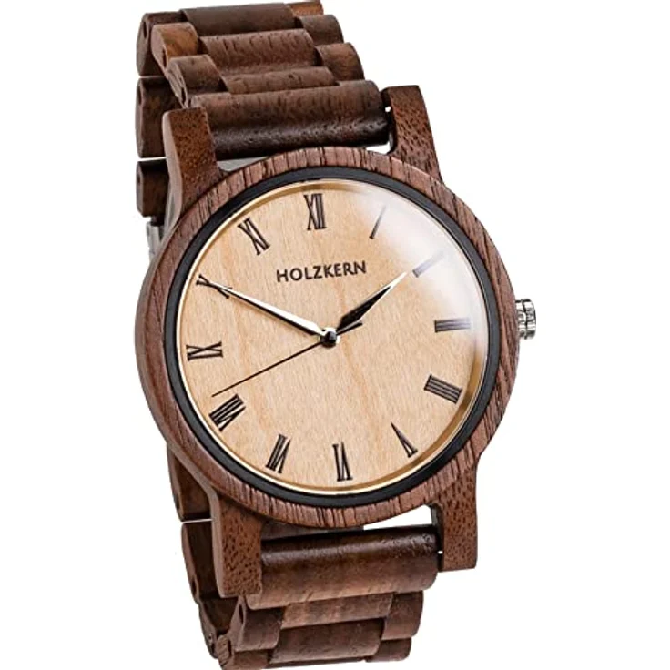 Holzkern Quarzuhr Herbstdämmerung, Unisex-Armbanduhr aus Walnuss/Ahorn mit japanischem Quarzwerk, polierten Zeigern und römischen Ziffern, spritzwassergeschützt – Bild 1