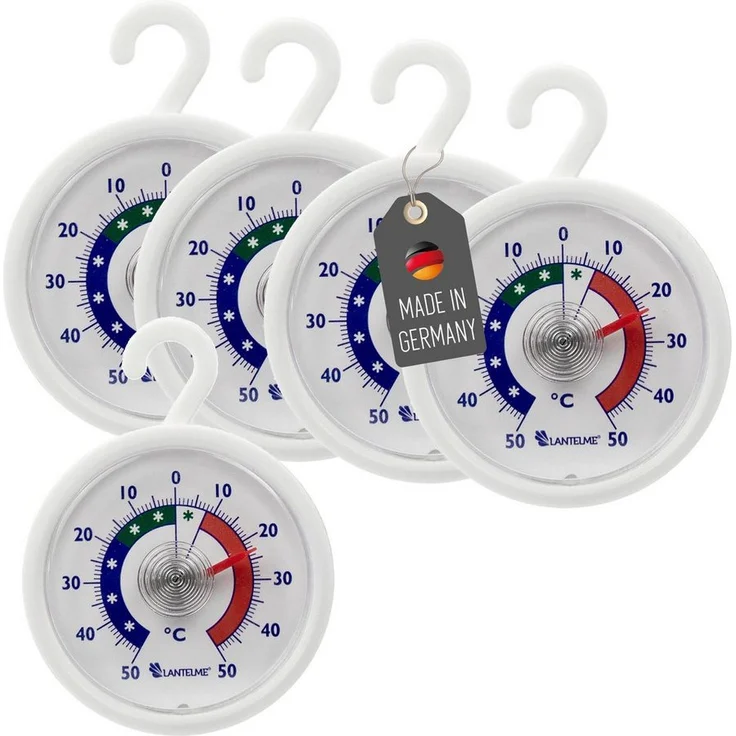 Lantelme Kühlschrankthermometer mit Haken 5 Stück, Analog Thermometer für Kühl- und Gefrierschrank, Temperaturanzeige von -50 bis +50 °C, Rund, Bimetallfeder, weiß