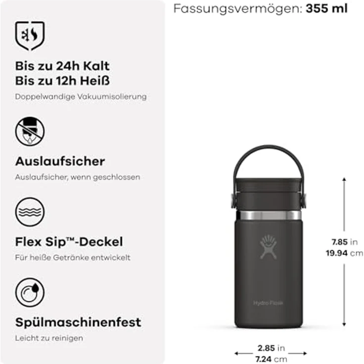 Hydro Flask Wide Flex Sip Lid Coffee 355 ml (12 oz), Auslaufsicher, isoliert, hält Getränke 24 Std. kalt & 12 Std. heiß, passend für Becherhalter, Capri Blue – Bild 2
