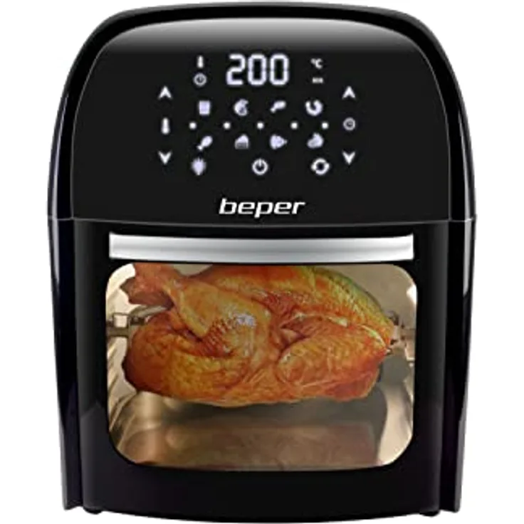 BEPER P101FRI012 Digitale Heißluft Fritteuse, Girarrosto, Ofen, Toaster, Trockner,12L, 1800W, Touch-Panel, 8 Programme, Zubehör, Verstellbar, Schwarz