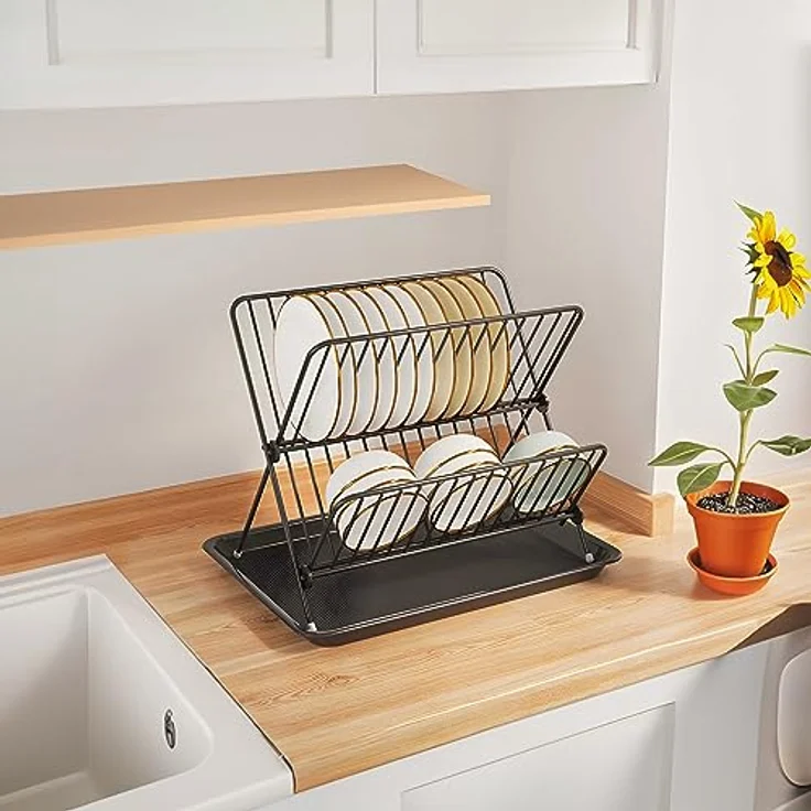 Retoo Abtropfgestell Geschirr, Geschirrabtropfgestell, Faltbarer Abtropfkorb, Trockengestell für Teller mit Besteckhalter, Abtropfständer, Abtropfgitter, Geschirrtrockner, Utensilienhalter – Bild 5