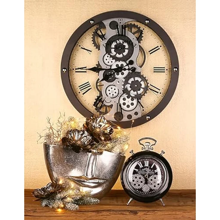 Casablanca Transmission Uhr, Wecker aus Metall/Glas, schwarz/ silber mit bewegenden Zahnrädern, Höhe 25 cm – Bild 2