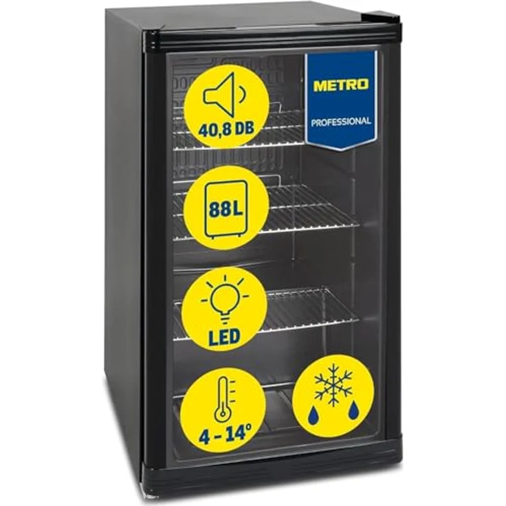 METRO Professional Mini-Kühlschrank GPC1088, 88 L, 1.052 kWh/24h, 3 verstellbare Edelstahl-Drahtböden, schwarz, LED-Innenbeleuchtung – Bild 1