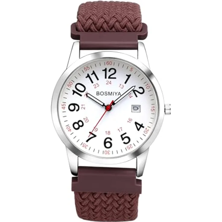 JewelryWe Geflochten Elastische Uhr mit Stoffarmband, Unisex Quarz Armbanduhr mit Braun Gewebt Stretcharmband, 24-Stunden-Zifferblatt und Großen Zahlen – Bild 1