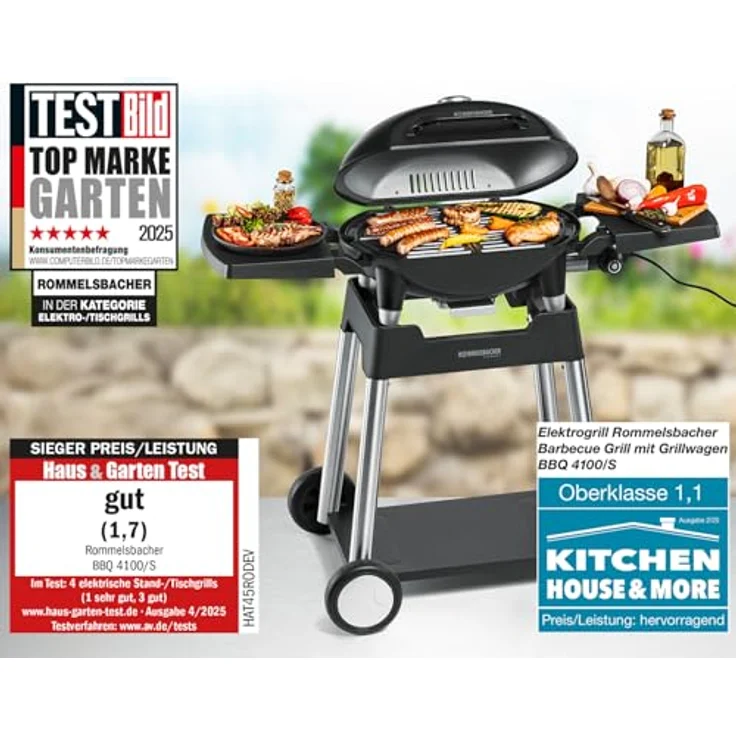 Rommelsbacher Tischgrill BBQ 4100/S, Set mit elektrischem Barbecue Grill und mobilem Grillwagen, silber – Bild 3