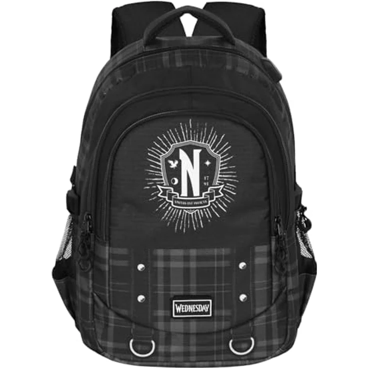 Karactermania Freizeitrucksack Wednesday, großer Tagesrucksack mit USB-Anschluss, 3 Hauptfächer, wasserabweisend – Bild 2