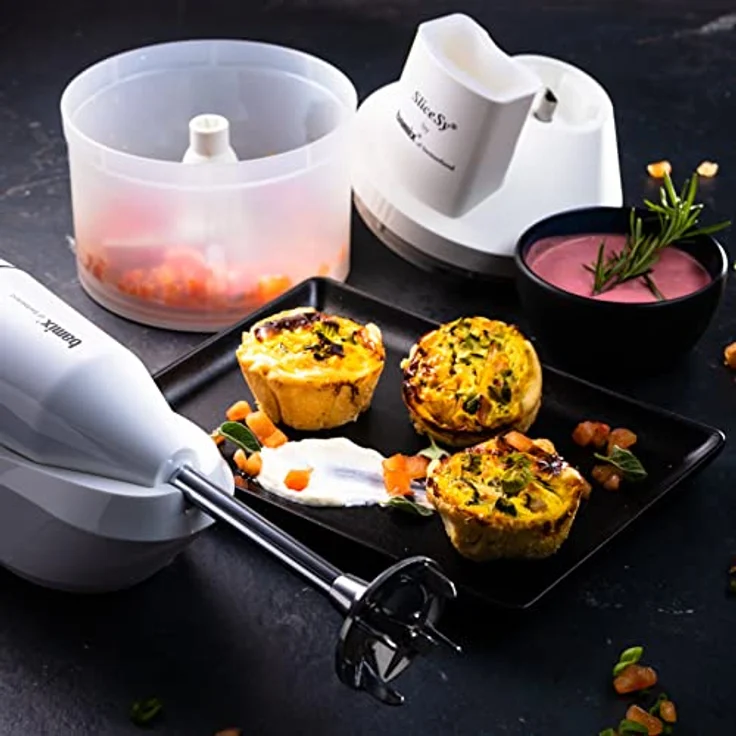 bamix Zubehör SliceSy für alle bamix Stabmixer ab 180 Watt, inkl. 5 Scheiben, Küchenmaschine multifunktional zum Schneiden, Mahlen, Hacken, Weiß – Bild 5