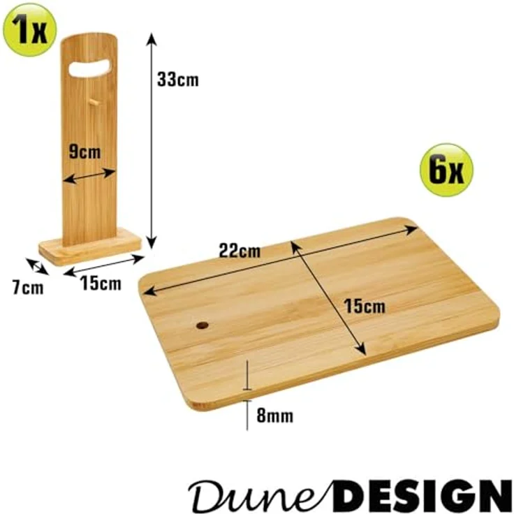 DuneDesign Schneidebrett 6er Set Frühstücksbrettchen + Ständer 22x15 cm, Holz, Antibakteriell, Bambusständer, (6-St), Holzbrettchen Brotbretter – Bild 6