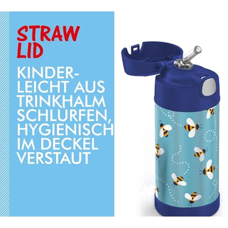 THERMOS kids FUNTAINER STRAW BOTTLE 0,35l, Edelstahlflasche mit Strohhalm, 12 Stunden kalt, absolut dicht, für Schule und Kindergarten, Design: Bienen – Bild 4