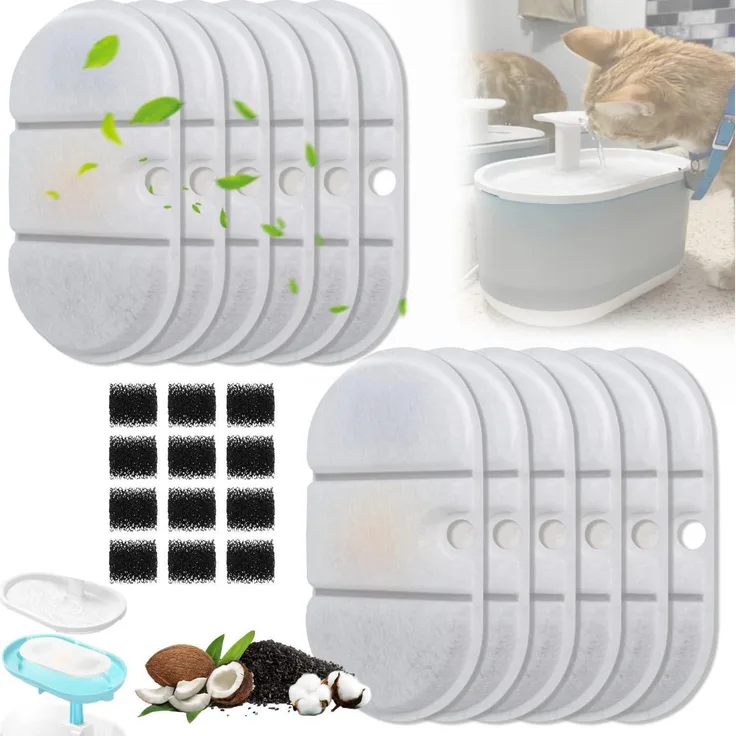 Katzenbrunnen Ersatzfilter 2,1 L für Petlibro PLWF002 | 12 Aktivkohlefilter + 12 Vorfilter-Schwämme, langlebige Wasserfilter für gesunde Haustiere