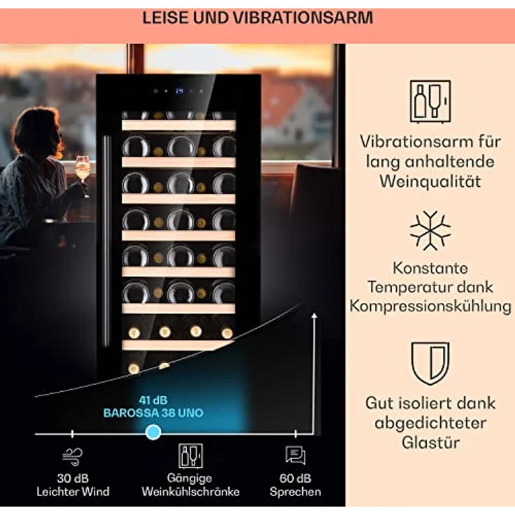 Klarstein Barossa 38 Uno Weinkühlschrank, freistehend, schwarz, 38 Flaschen, 1 Temperaturzone, Touch-Display, Energieklasse F – Bild 5