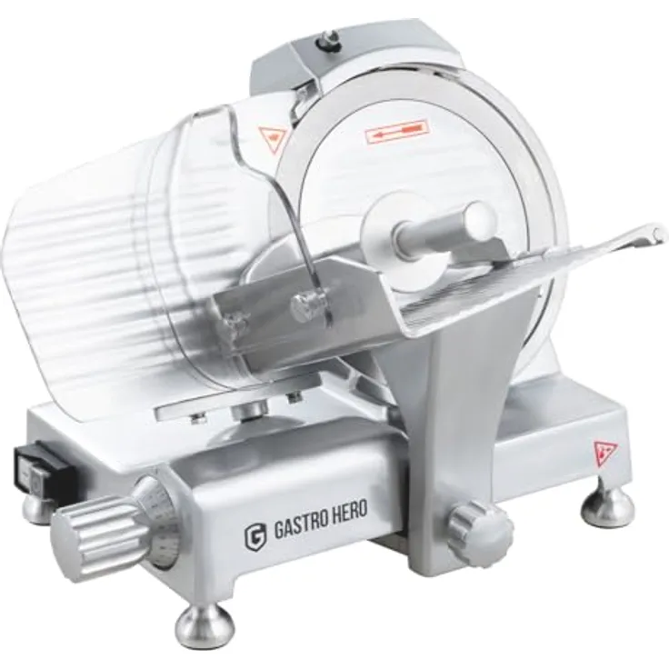 GastroHero Aufschnittmaschine ASM 220 mm, Aluminium-Schrägschneider mit einstellbarer Schnittstärke 0,2 - 12 mm, max. Schnitthöhe 145 mm