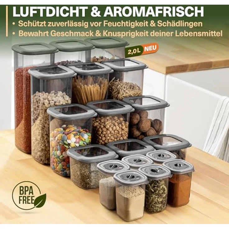 VIWARES Vorratsdosen Set 18-teilig, inkl. 2,0L Spaghetti Box & 6 Gewürzdosen mit Dosierdeckel, luftdicht, BPA-frei, stapelbar, 52 Etiketten – Bild 8