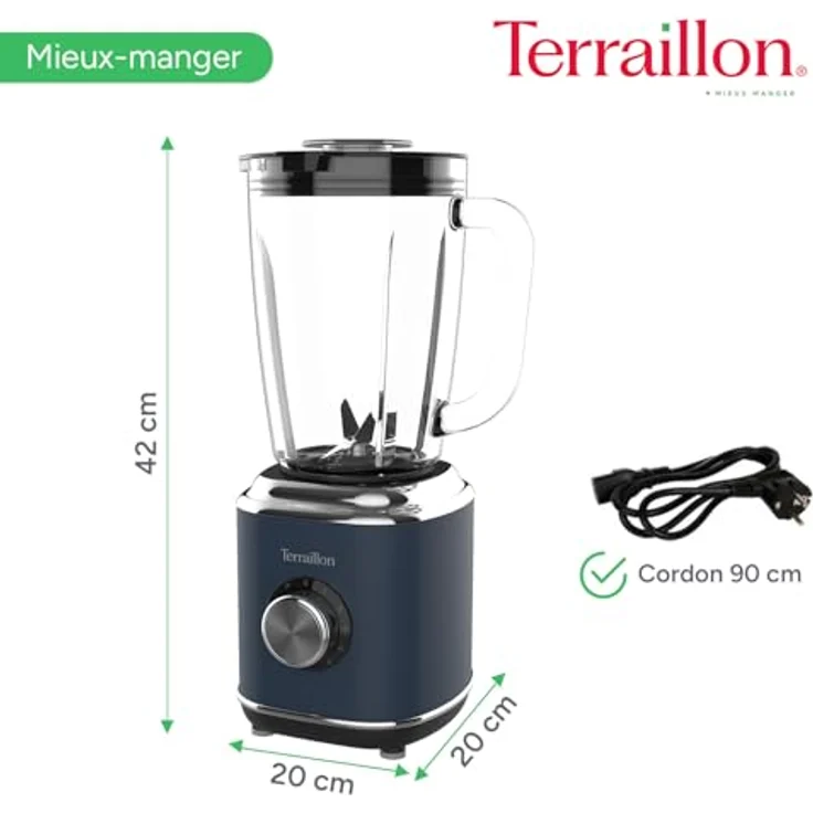 Terraillon New Moon, Elektrischer Standmixer mit 1,75 l Glas-Schüssel, 600 W, 5 Geschwindigkeiten, Pulsfunktion, Edelstahlklingen, Überlaufschutz – Bild 5