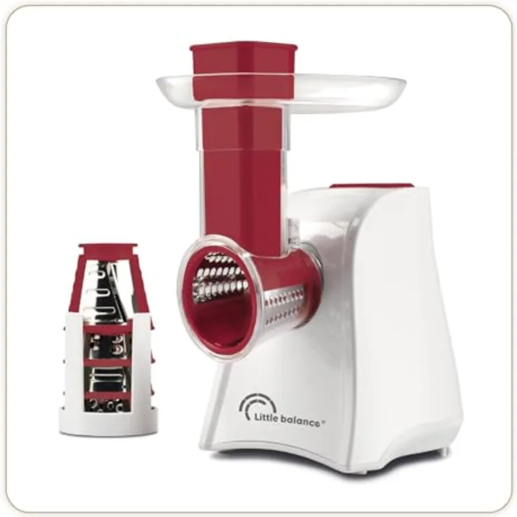 LITTLE BALANCE 8701 Easy Veggie, elektrischer Gemüseschneider 4 in 1 mit 5 Edelstahlzubehörteilen, 150 W, weiß/rot