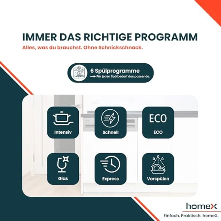 homeX DWSI601449E Geschirrspüler 60 cm, teilintegrierbar, 14 Maßgedecke, 6 Programme, leise mit 49 dB, Energieeffizienzklasse E – Bild 7