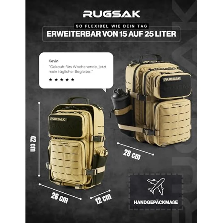 RUGSAK Alpha Go 25L Rucksack Desert Sand – Wasserabweisend, 18-Zoll Laptopfach, Ergonomisch, Alltag, Reise & Outdoor – Bild 5