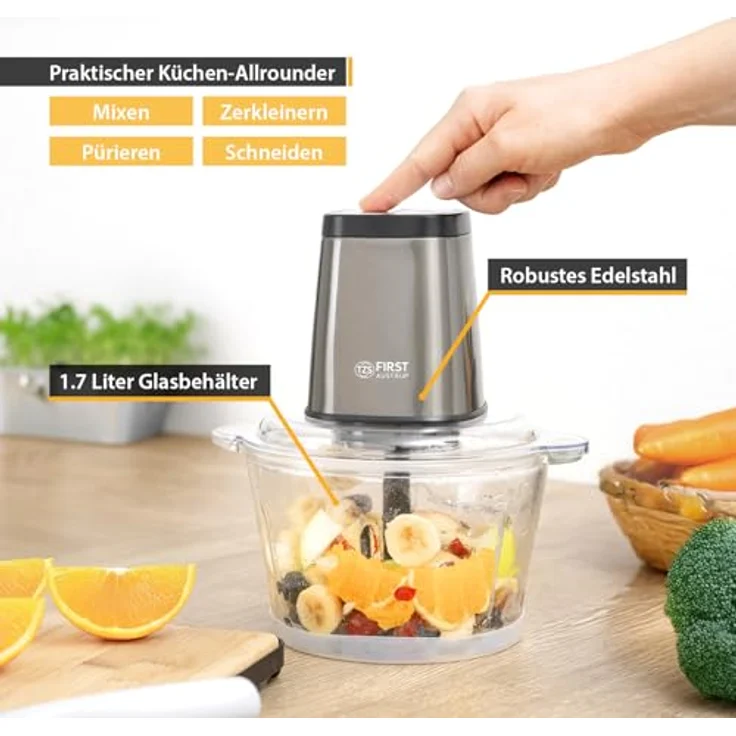 TZS First Austria Zerkleinerer, 1.7L Glasbehälter, 500W, 2 Geschwindigkeitsstufen, Edelstahl, Silber, Anti-Slip-Boden – Bild 3