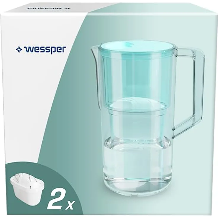 Wessper Aqua Max Basic Wasserfilterkanne 2.5 L Kompatibel Mit Brita Maxtra, Wasser Filtersystem zur Reduzierung von Kalk, Chlor, Inklusive 2x Wasserfilter-Kartusche, Minze