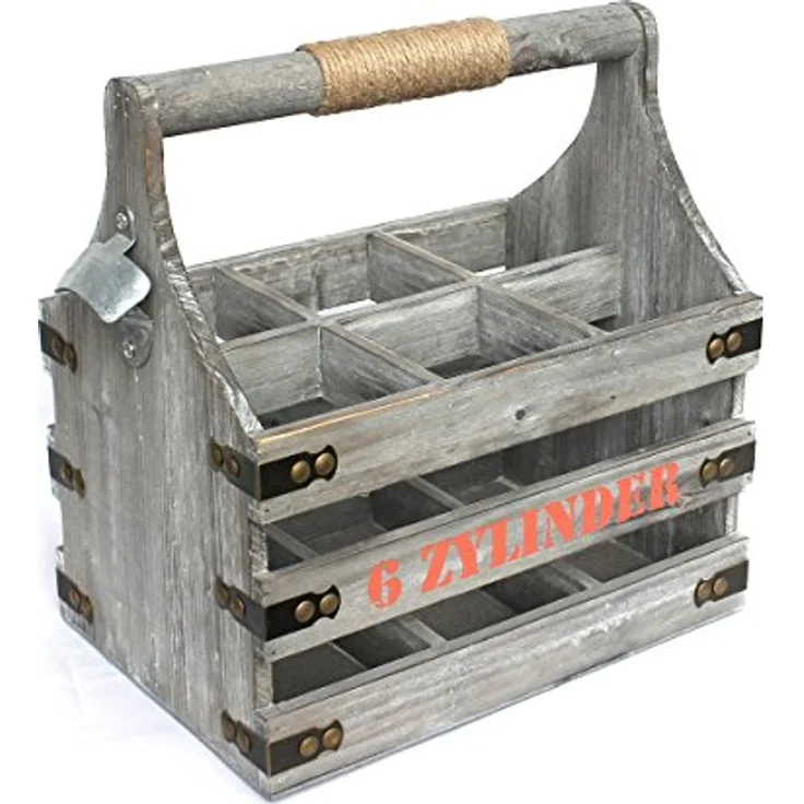 DanDiBo Bierträger 6 Zylinder, Flaschenträger aus Holz mit Flaschenöffner, Grau-Antik, für bis zu 6 Flaschen – Bild 2