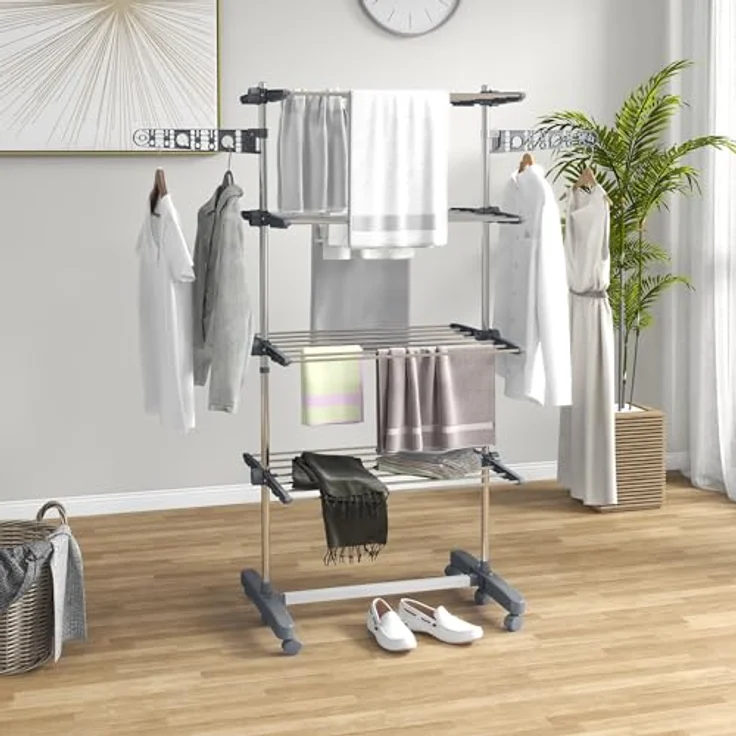 HOMCOM WГ¤schestГ¤nder WГ¤schetrockner Turm, Stahl 142 x 55 x 172 cm, Grau, klappbar, für Indoor und Outdoor – Bild 2