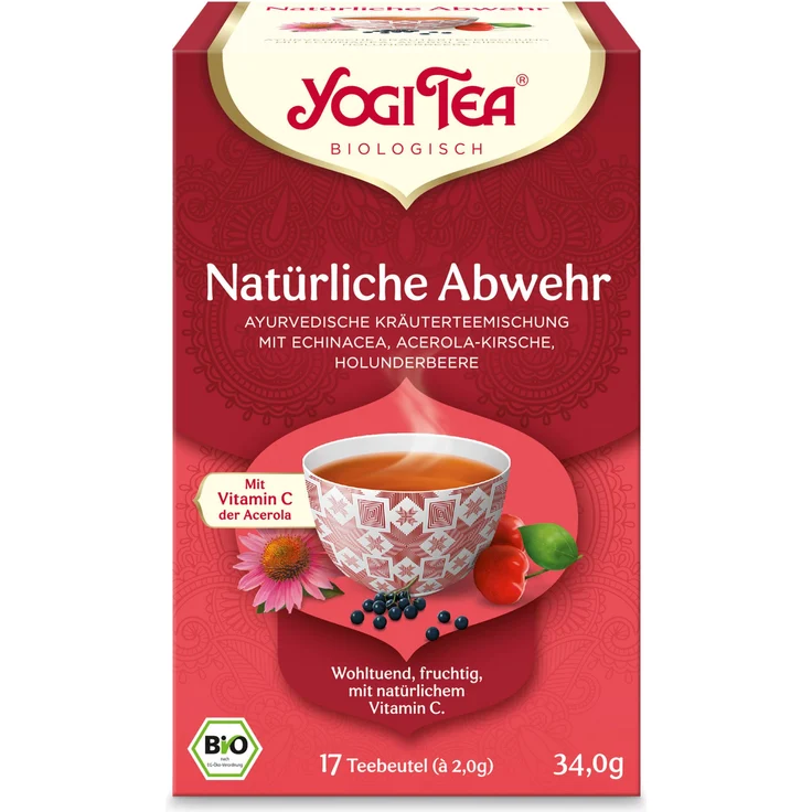 YOGI TEA Natuerli Abwehr Bio, Ayurvedische Kräuterteemischung mit Echinacea, Acerolakirsche und Holunderbeeren, 17x1,8 g Filterbeutel