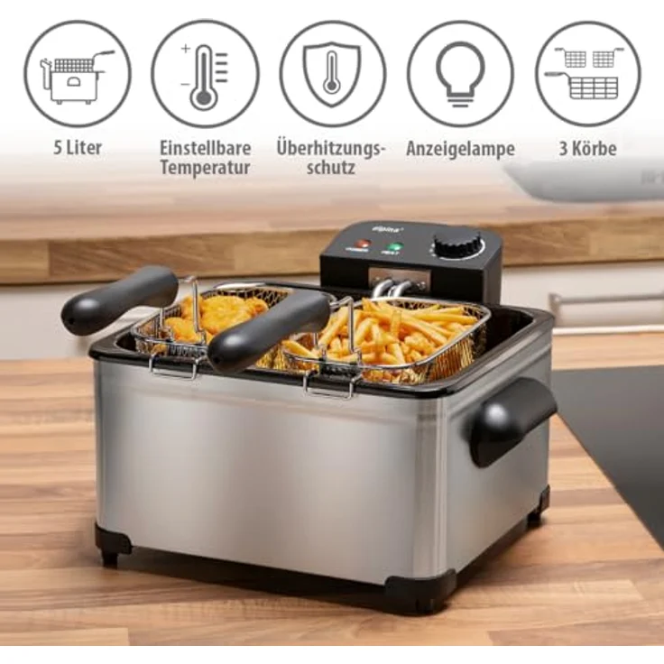 Alpina Friteuse 5L - Doppel Fritteuse mit verstellbarem Thermostat - Deep Fryer 2000 W - Edelstahl, Silber – Bild 3