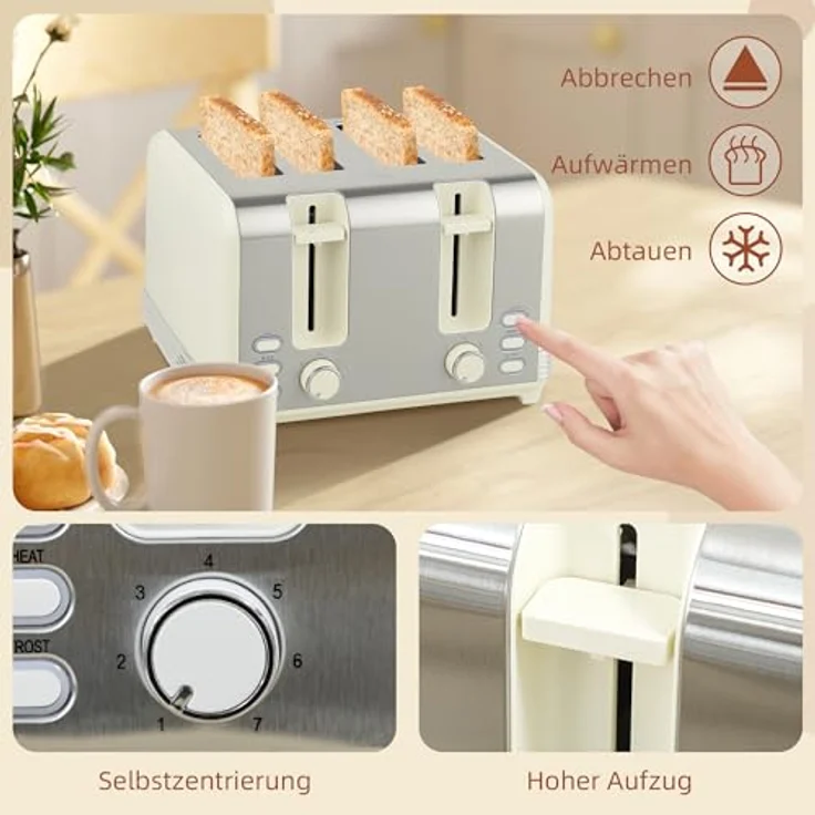 HOMCOM Kocher-Toaster-Set 1.7 L, 2200 W, 4-Scheiben-Toaster mit 7 Bräunungsstufen, Strix Thermostat, Cremeweiß – Bild 8