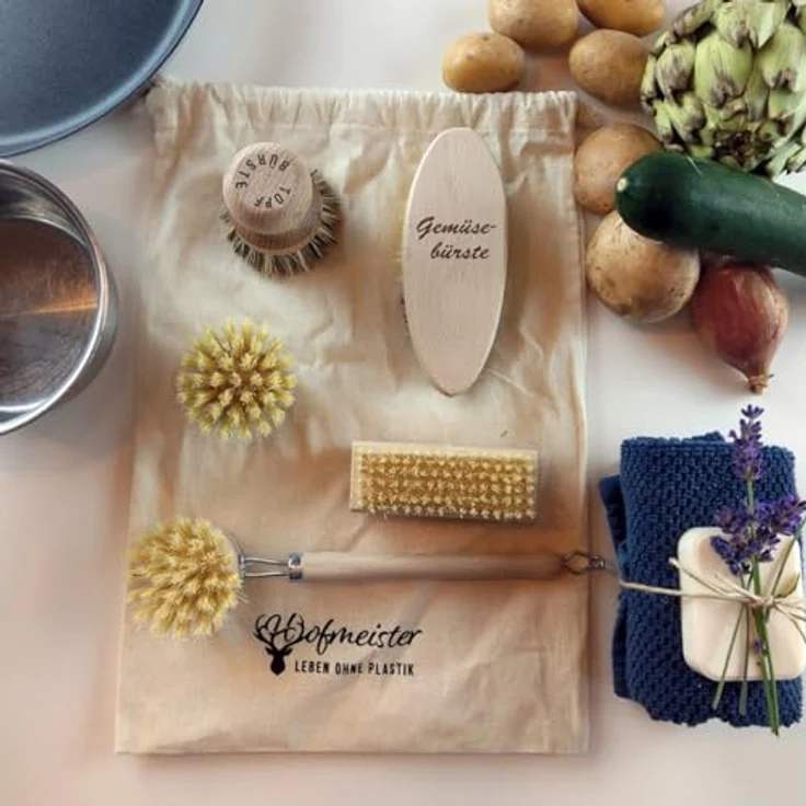 Hofmeister Holz-Bürsten-Set, Gemüsebürste, Topfbürste, Spülbürste, Ersatzkopf, Nagelbürste, Fibre & Union Naturborsten, robust & hygienisch, Reinigung bei hartnäckigem Schmutz, Buche – Bild 3