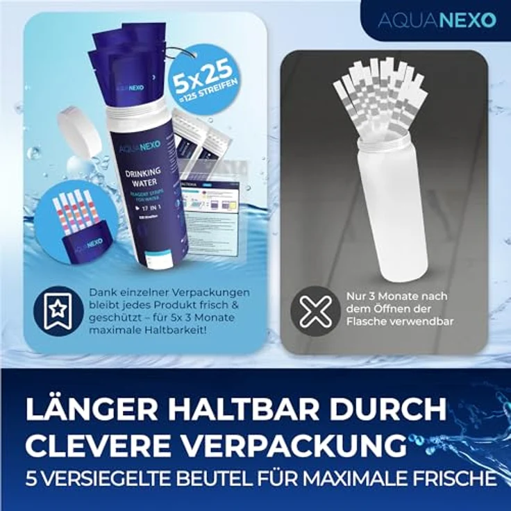 Aquanexo 125 Wassertester Trinkwasser Teststreifen 17-in-1 + 2 Bakterientests + 10 Trinkwasser Teststreifen Nitrat/Nitrit + 10 Trinkwasserteststreifen Sulfate, 16-in-1 Werte, Versand aus Deutschland – Bild 5