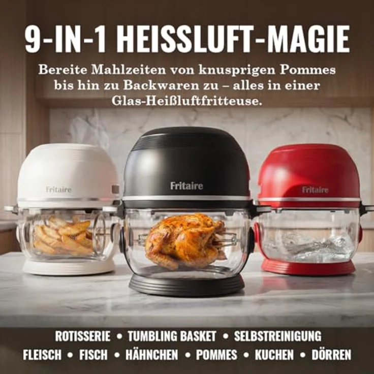 Fritaire Carbon8, Heißluftfritteuse mit selbstreinigender Glasschüssel und 6 One-Touch-Kochfunktionen, inklusive Drehspieß und Zubehör – Bild 2
