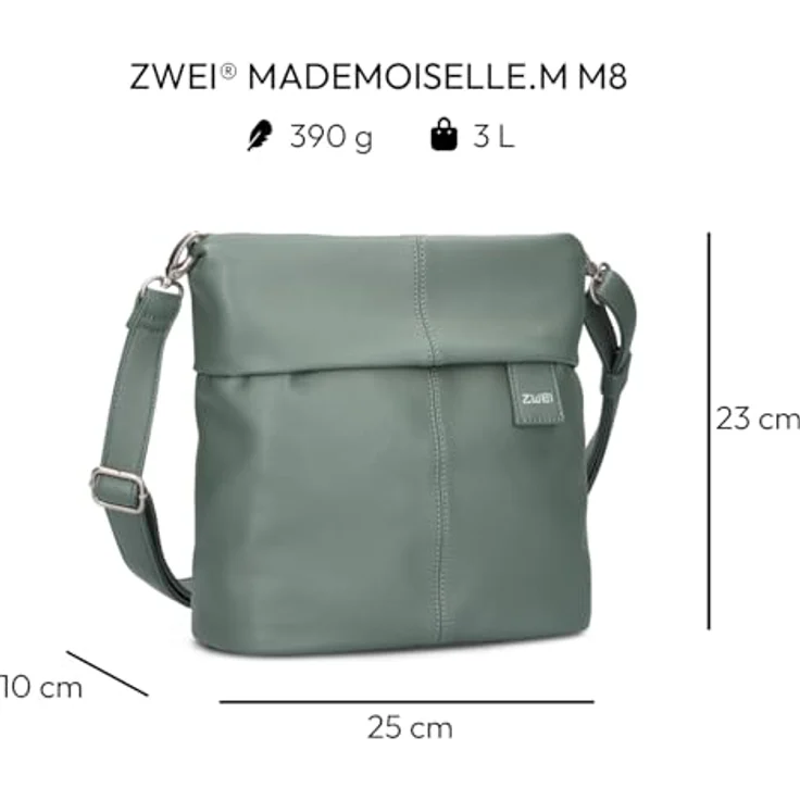 Zwei Mademoiselle.M M8, Umhängetasche in Eucalyptus mit abnehmbarem Henkel und verstellbarem Schulterriemen, 25 cm x 23 cm x 9 cm – Bild 2