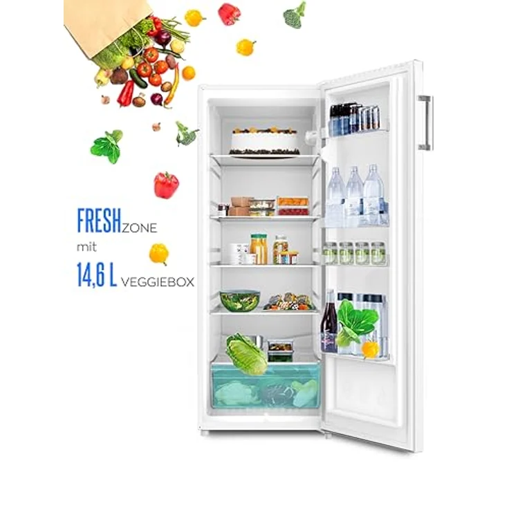 Heinrich´s HVK 3196, freistehender Vollraumkühlschrank 241L mit LED-Beleuchtung, 5 Glasablagen, Gemüsefach, 4 Türablagen, wechselbarem Türanschlag, leise 39dB, Weiß – Bild 3