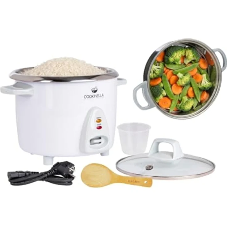 KeMar Kitchenware Reiskocher KRC-200, 500 W, Edelstahl Innentopf, Glasdeckel, 1,4 L Kapazität, inkl. Bambuslöffel, Weiß – Bild 1