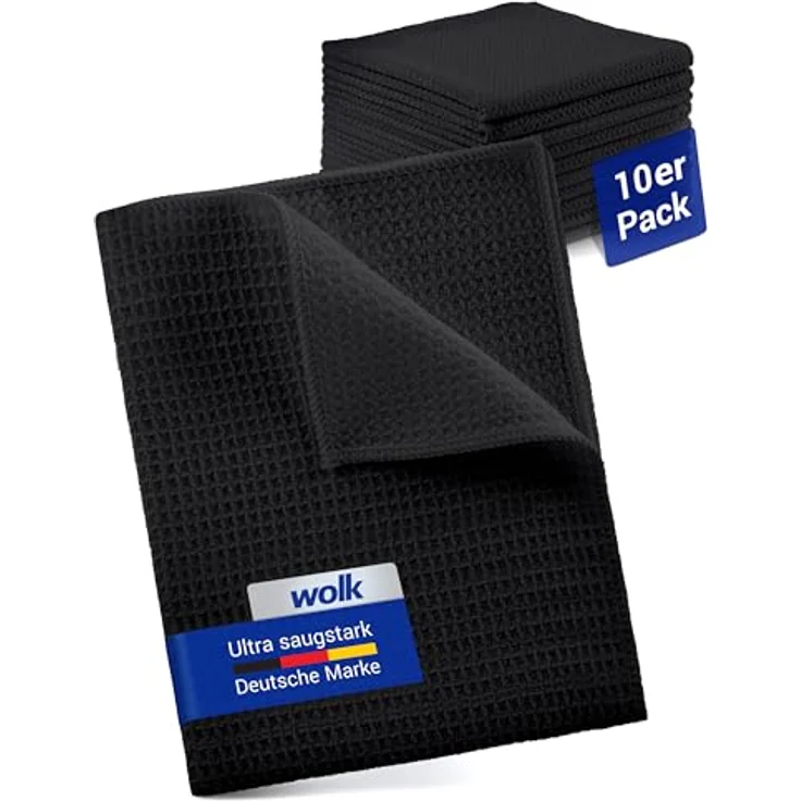 wolk Waffeltücher, Mikrofasertuch mit Waffelstruktur, 10 Stück, schwarz, 38 x 38 cm, fusselfrei, waschbar bis 90°C, vielseitig einsetzbar für Bad, Küche, Gastronomie – Bild 1