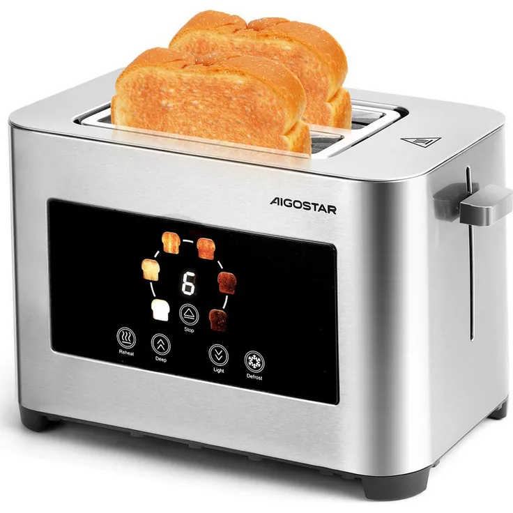 Aigostar Toaster 2/4 Scheiben, Langschlitz-Toaster mit 6 Bräunungsstufen, LED-Touchscreen, Edelstahl matt, 1400 W, Brotzentrierung, Auftau-, Aufwärm- & Stoppfunktion