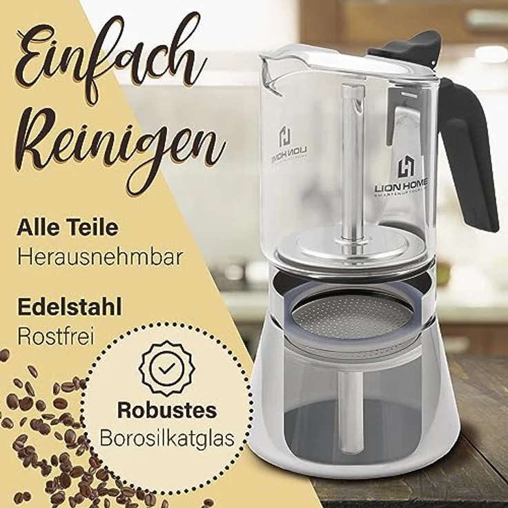 Lion Home Espressokocher, Edelstahl-Glas Design mit Kork-Untersetzern, für 6 Tassen, leicht zu reinigen – Bild 4