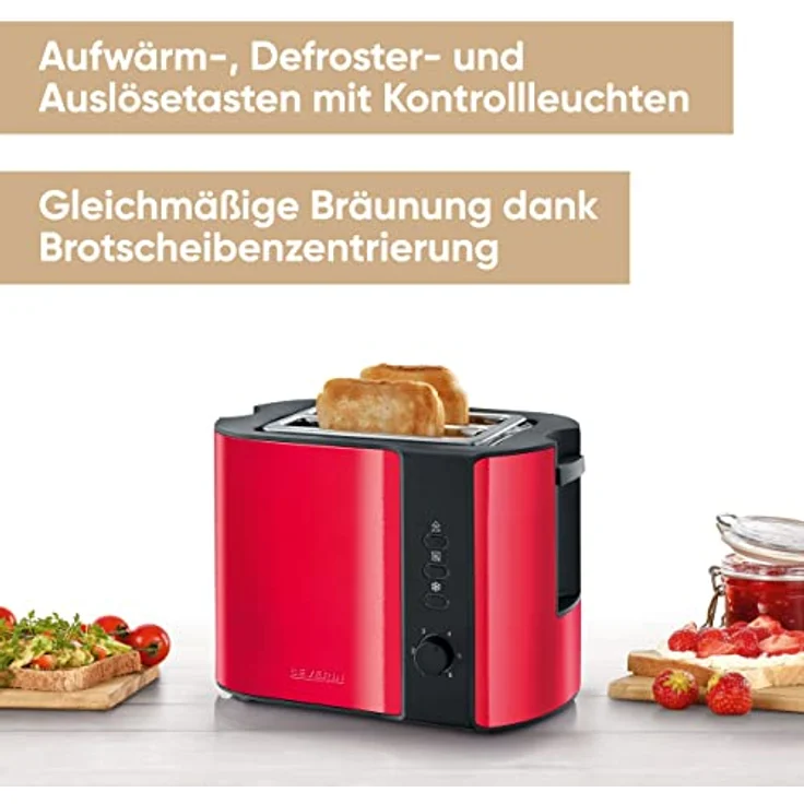 SEVERIN AT 2217 Automatik-Toaster (ca. 800 W, Für 2 Scheiben, Integrierter Brötchen-Röstaufsatz) fire red metallic -schwarz – Bild 2