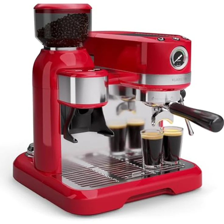 Klarstein Bella Café Siebträgermaschine Mit Mahlwerk – 19 Bar, 1.550 W, 1,4-l-Wassertank, Integriertes Kegelmahlwerk, Milchaufschäumer, 2 Tasseneinsätze, Kunststoff, Rot – Bild 1