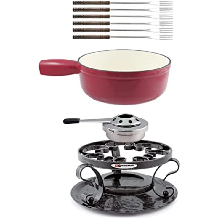 Swissmar KF-66517 Lugano Fondue Set 9-teiliges, Gusseisen/Edelstahl, Kirschrot, 2L, Fondue-Set für Fleisch, Käse und Schokolade, für 4 Personen, Geschenkset – Bild 2