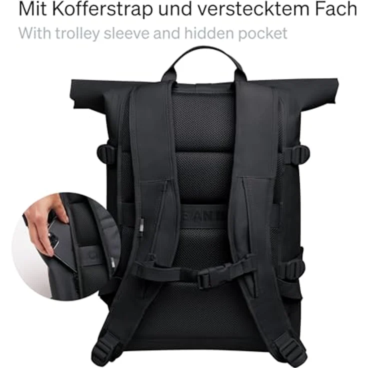 Got Bag Daypack Rucksack ROLLTOP 2.0, nachhaltiger Rucksack aus recyceltem Meeresplastik, wasserdicht, erweiterbar auf 66 cm, mit 15-Zoll-Laptopsleeve, schwarz – Bild 4